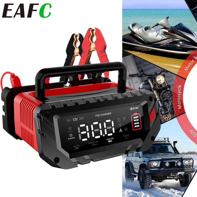 EAFC 30A Plne automatické nabíjačky batérií inteligentných automobilov 12 V/24 V Oprava pulzov pre olovo-kyselinový gél Litium LifePo4 nabíjačky