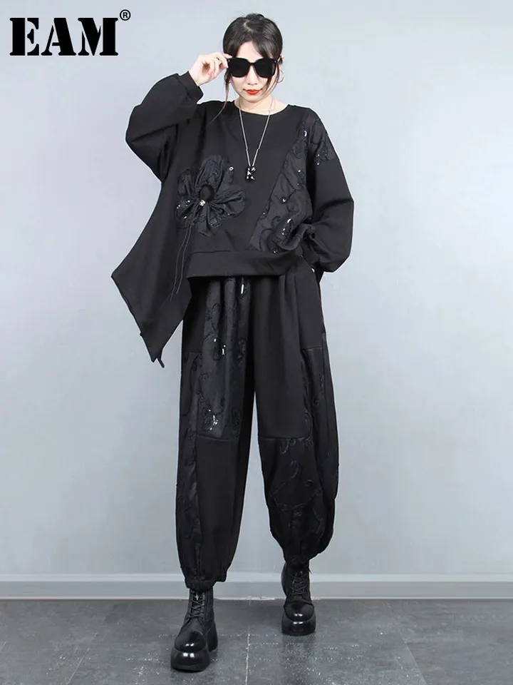 EAM Black Flowin zostrihané tričko s veľkou veľkou veľkosťou kvety Panty 2 PCS Suit O-NECK dlhý rukáv Dámske dámske módne jar jesen