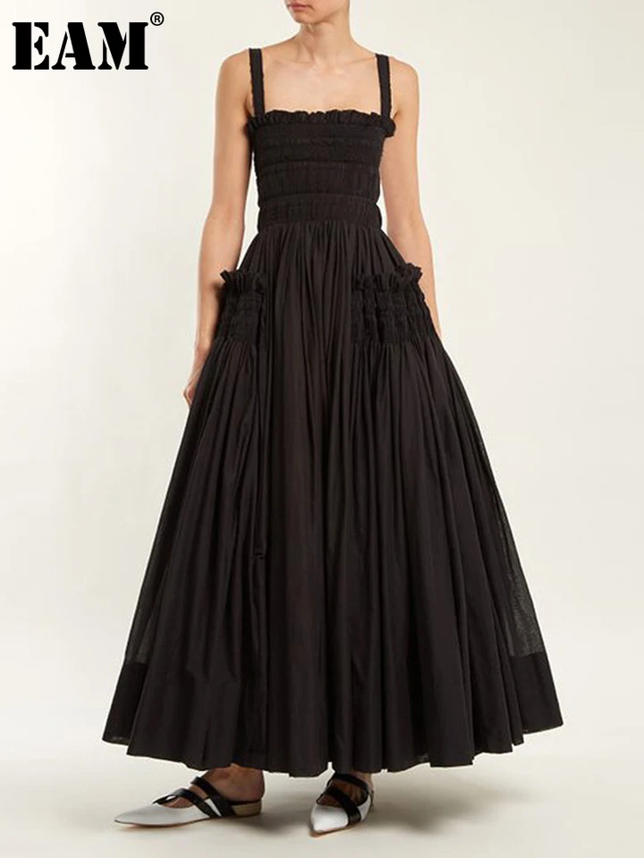[EAM] Ženy biele praky backless skladací plkovaný pás Slim Vintage Dress Nový štvorcový golier módna jar jesenná 2025 JF54801
