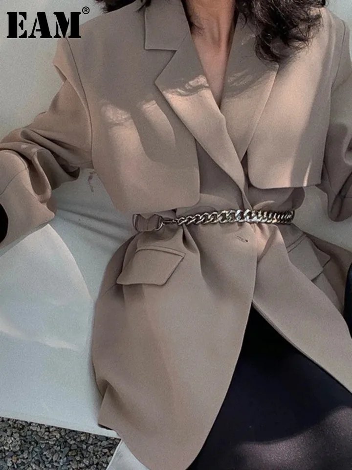 [EAM] Ženy khaki kovové pásové pásové elegantné sako Nový klopa s dlhým rukávom bunda módna príliv Spring Jeseň 2025 1DH9386