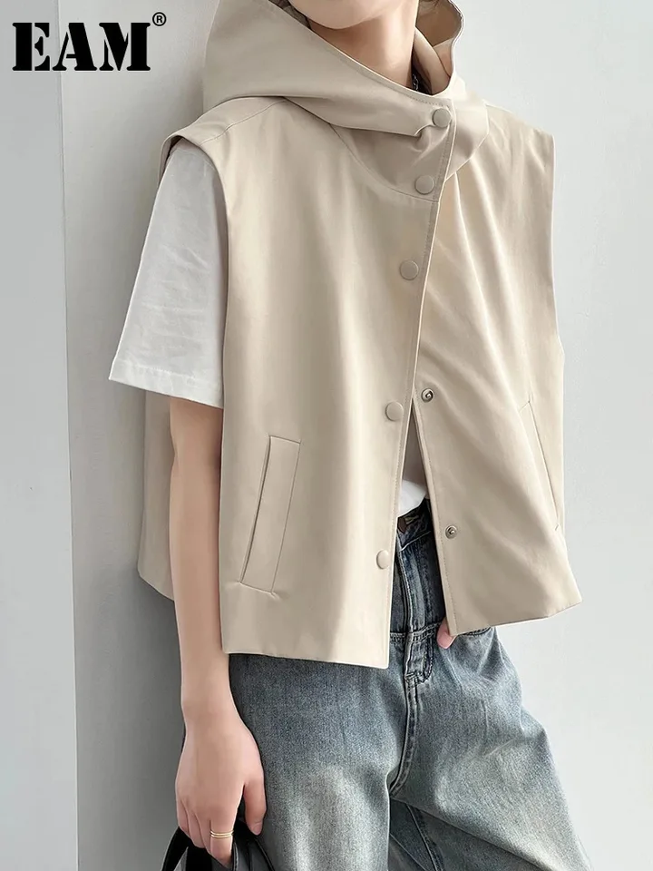 Eam ženy khaki veľká veľkosť neformálnej krátkej vesty Nová s kapucňou bez rukávov bez rukávov s jedným fit fit módne príliv Spring Jeseň 2025 30A2968