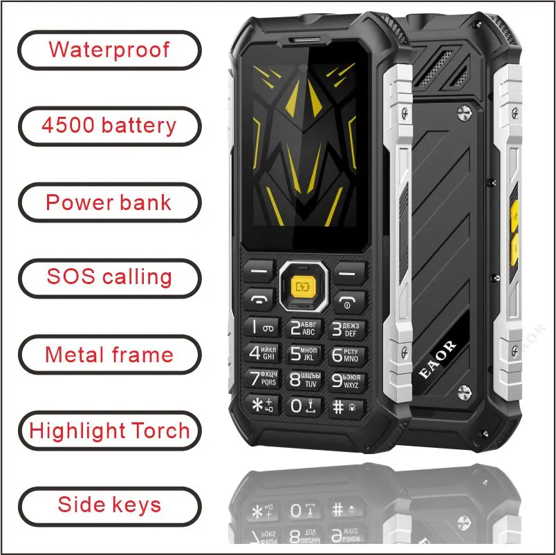 EAOR 2G Funkcia Keypad Telefón IP68 nepremokavý 4500 mAh Power Bank High BrigtensTorch Volume Side Key