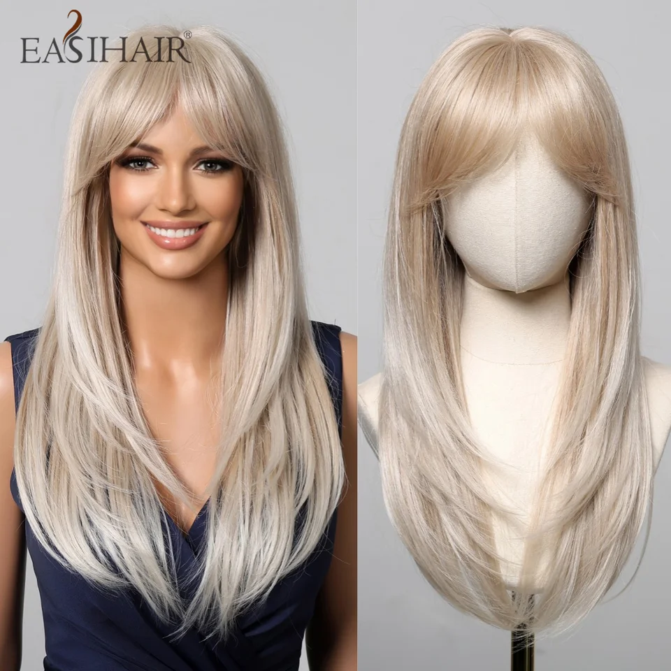 Easihair dlhá rovná popola blondínka syntetická parochňa s ranami pre ženy vrstvené falošné vlasové cosplay párty denné parochne