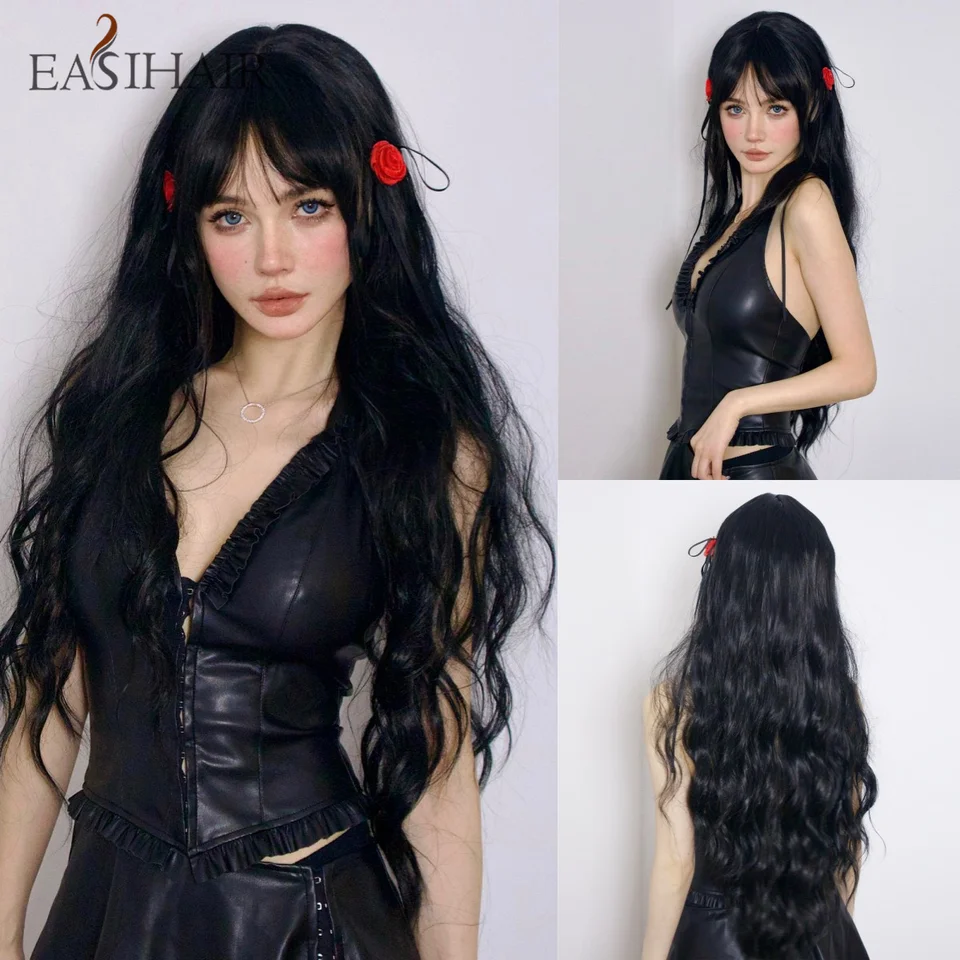Easihair Dlhá voľná vlna čierna syntetická parochňa s ranumi pre ženy prírodné vlasy Cosplay denné vodné vlnité parochne tepelne odolné