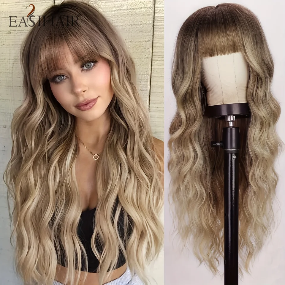 Easihair ombre blondínka hnedá syntetická parochňa dlhé kučeravé vlnité parochne s ranami pre ženy afro tepelne odolné voči Cosplay Denná vlasová parochňa