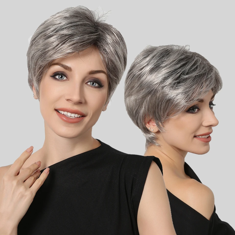 Easihair Short Pixie strih syntetické parochne strieborné šedé platinové vrstvené bobové parochne s treskami denne cosplay ženy odolné proti vlasy