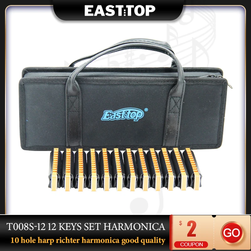 Easttop T008S-12 10 dier Diatonické blues harmonika sada 12 harfových úst orgánov pre dospelých profesionálov s čiernym puzdrom