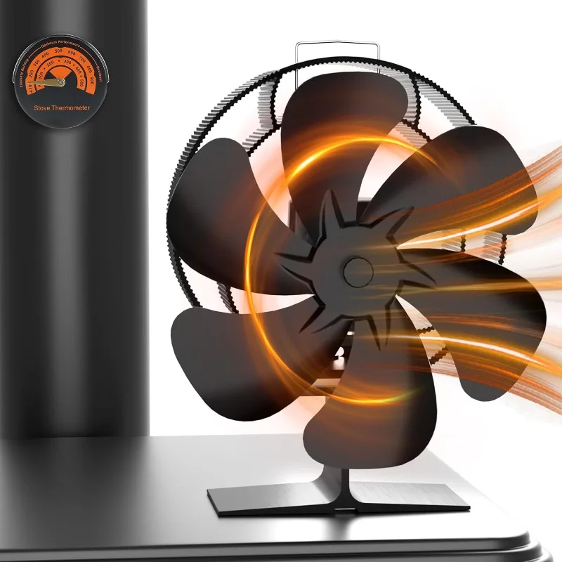 Easywave Oscilujúci drevený sporák ventilátor: Ventilátor krbu s drevom Magnetický teplomer - 6 lopatiek tepelne poháňaného sporáka ventilátora