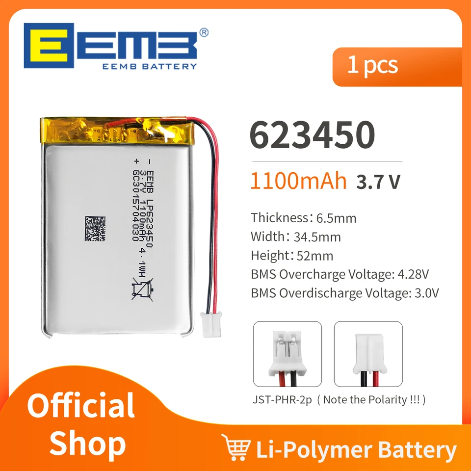 EEMB 623450 3,7 V batéria 110 mAh Nabíjateľná balenie lítium polymérovej batérie pre dashcam, baterku, reproduktor Bluetooth, GPS, fotoaparát