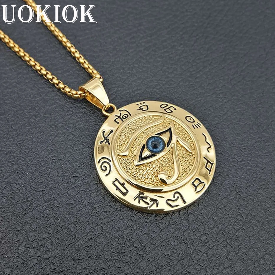 Egypťan Zlé oko Horus Pendant náhrdelník pre ženy/mužov Zlatá farba z nehrdzavejúcej ocele Egypt Round Jewelry