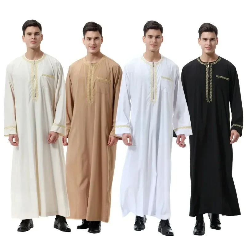 Eid 2025 Moslimskí muži Jubba Thobe Print Zipper kimono dlhé rúcho Saudský moslman Wear Abaya Caftan Islam Dubai Arab Dieckadan Ramadan
