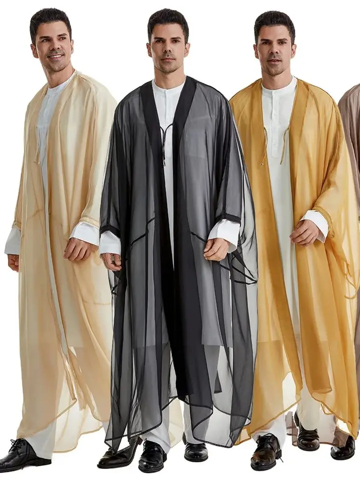 Eid Abayas za modlitebné oblečenie Muži Otvára moslim kimono kebaya abaya dubaj Turecko arabský islam djellaba homme rúž Musulmane hombre