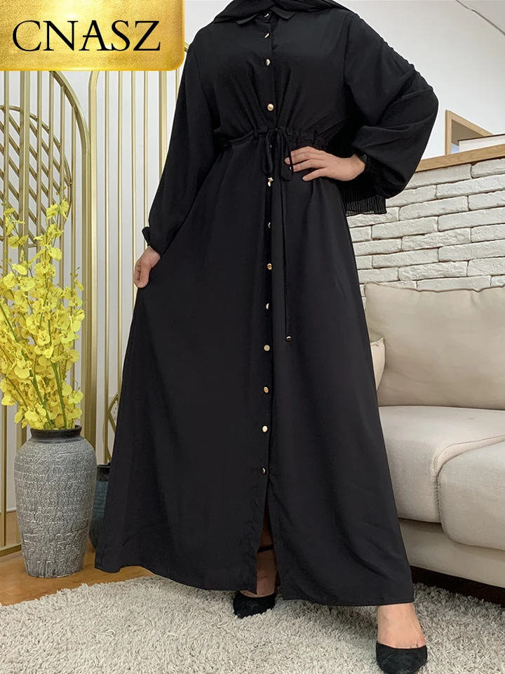 Eid Hot Sell Islamské odevy gombík ABAYAS Moslimské dlhé šaty Žena Kimono Turecko kaftan Dubaj Modest Robe marocký kaftanový pás