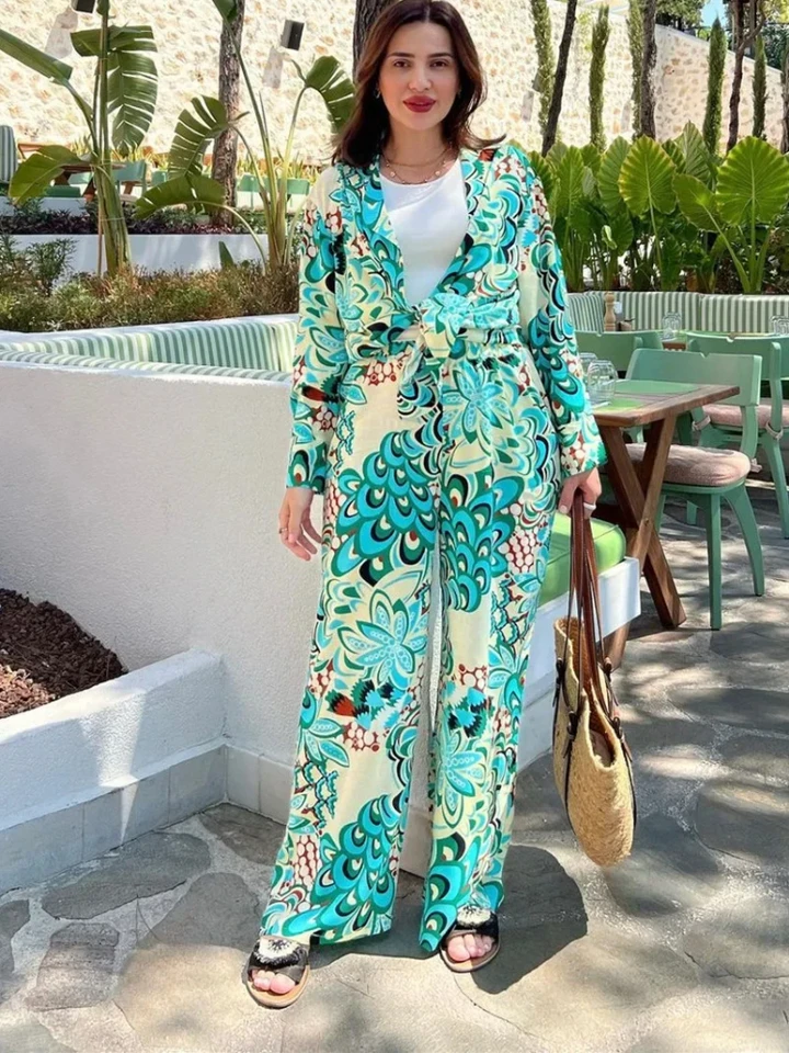 Eid Modest Moslim Dva kusové súpravy Dámske tlačené košele a široké nohavice Sada Suulman Ensembles Full Ruckve Loose Vysoký pás dlhý
