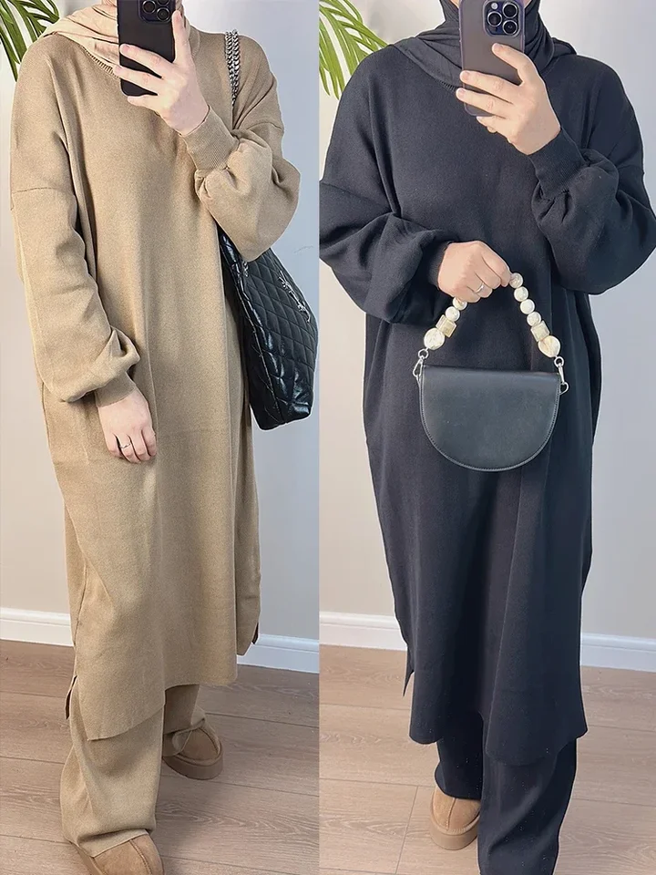 Eid moslimské šaty Pant 2 -diel pre ženy pletené sveter šaty a široké nohavice na nohavičky Maroko dubaj zimné zimné abaya vestidos dlhé rúcho