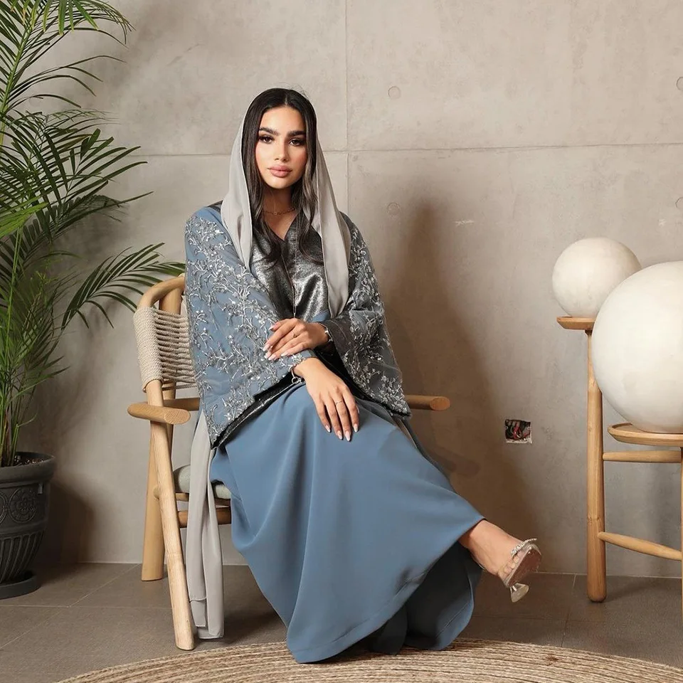 Eid Mubarak Abaya Flowin Patchwork satén maxi šaty moslimské ženy Dubaj Ramadan Djellaba Musulmane Jalabiya Kaftan Islam Islam
