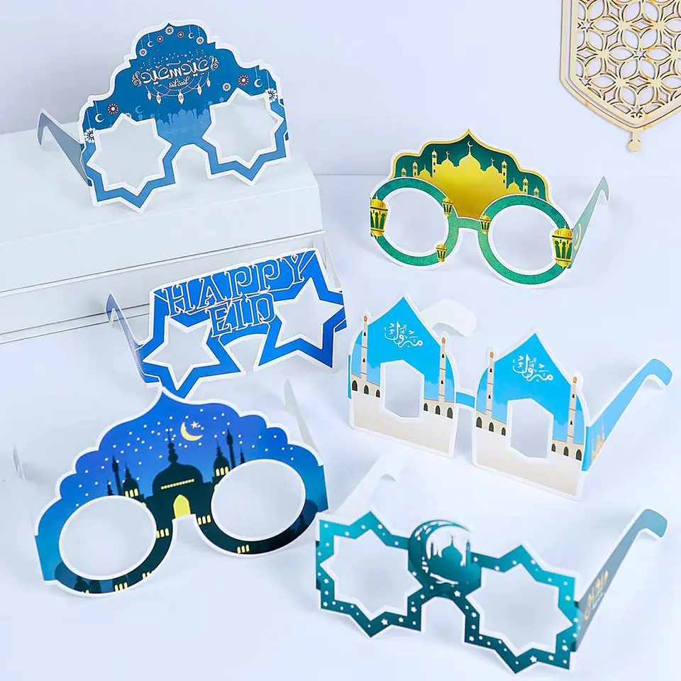 Eid Mubarak papierové okuliare 2025 Ramadánové dekorácie pre domácu islamskú moslimskú večierok Dodávky foto stánky Darčeky Eid al Adha