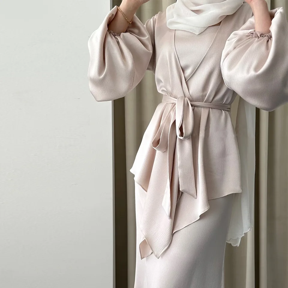 Eid saténové moslimské súpravy pre ženy Kimono Coat Maxi Dress Matching Suit Islamské oblečenie Dubai Abaya Turecko Kaftan Outfits Ramadan