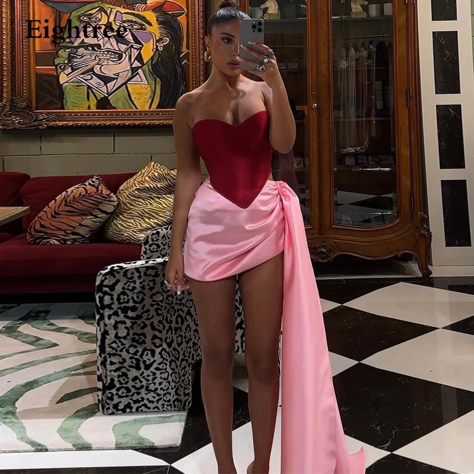 Eightree Pink/Red Short Party Šaty Satin Sexy Mini Rage Luxury Prom Dress for Women Cocktail Club Nočné šaty prispôsobené