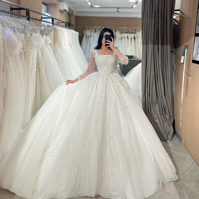 Eightree White A-Line Svadobné šaty Formálny štvorcový krk s dlhým rukávom Svadobné šaty boho pláž svadobné ples dlhé šaty prispôsobené