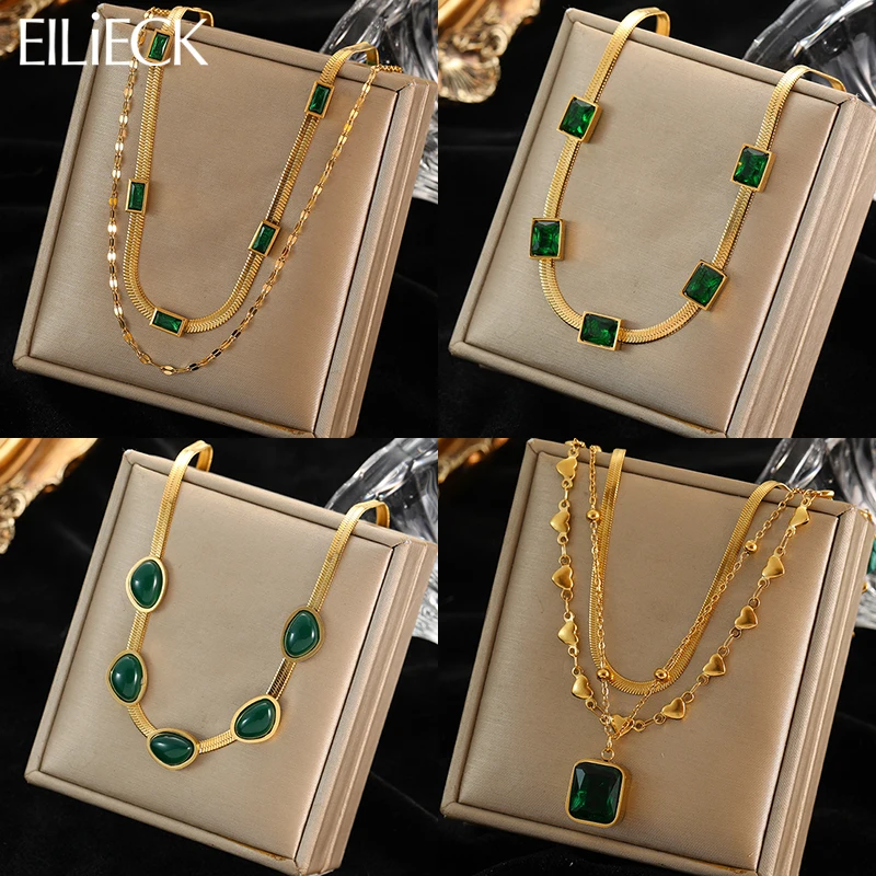 Eilieck 316L z nehrdzavejúcej ocele Zelená zirkónia krištáľový náhrdelník pre ženy móda luxusný reťazec Choker šperky na párty svadobné darčeky
