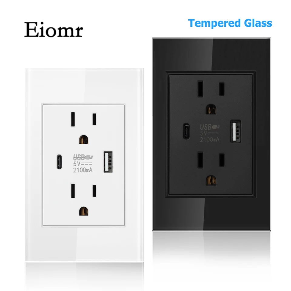 EIOMR US Standard Socket USB, USB A+USB C 5V 2A port, panel 118 mm*75 mm, 15A elektrická zásuvka, stena vložená nabíjačku typu C nabíjačku typu C