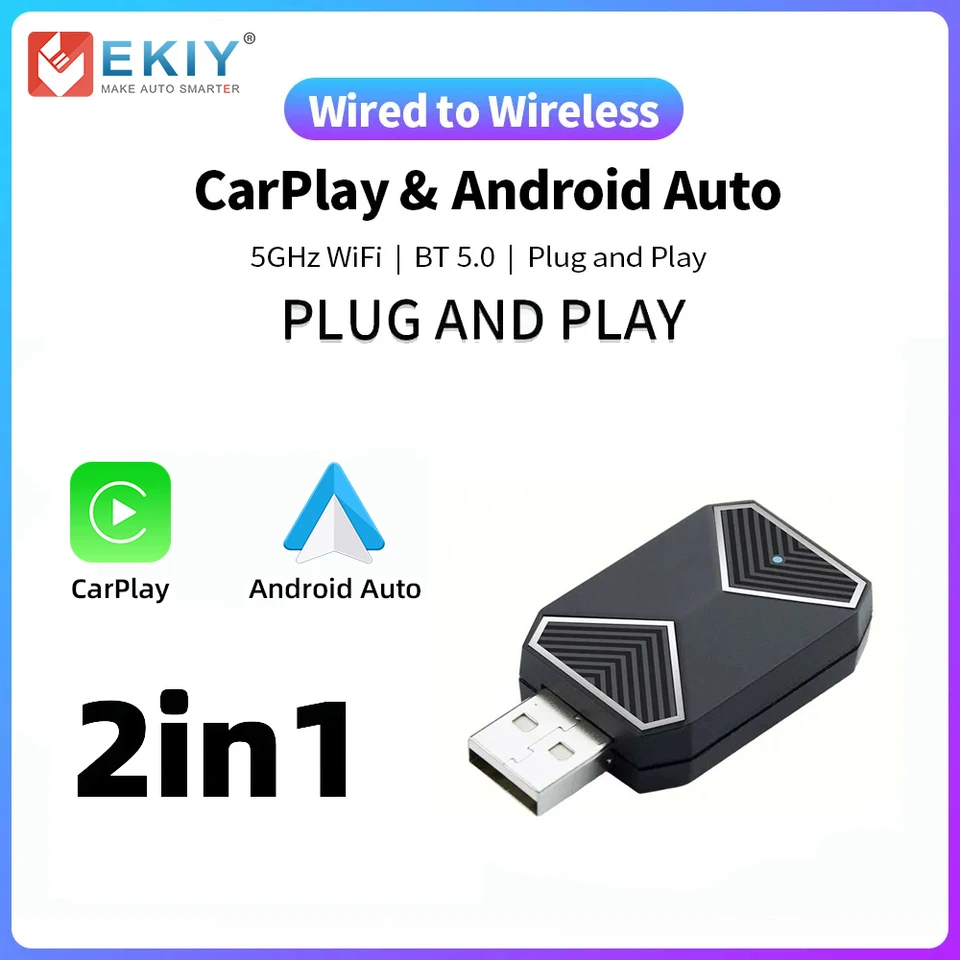 Ekiy 2in1 Plug and Play Wireless CarPlay Adapter Wireless Android Auto Smart AiBox pre automobilové rádio s káblovaným CarPlay/Android Auto