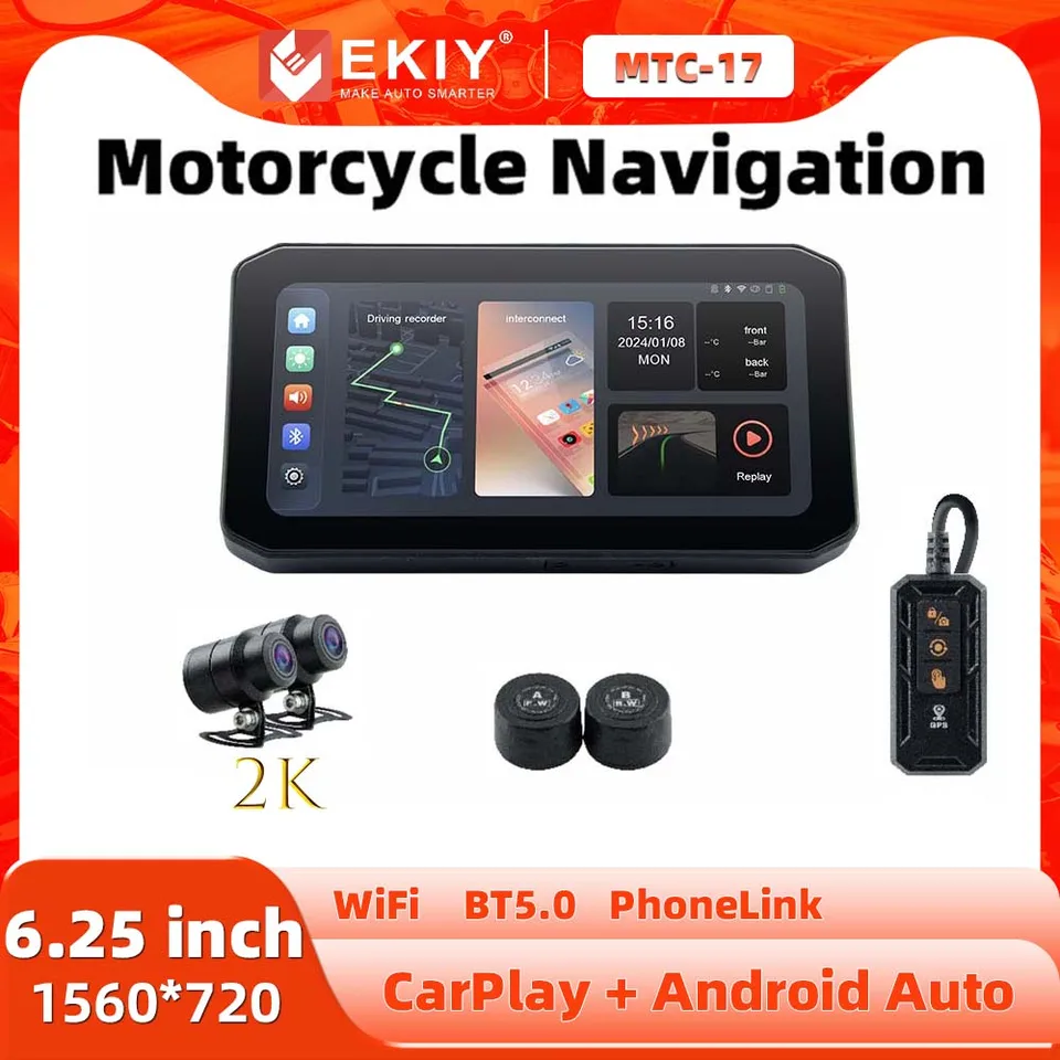 Ekiy 6,25 palca WiFi GPS navigačné motocykle nepremokavá Apple CarPlay Display Display Screen Prenosná motocykla bezdrôtový automatický monitor