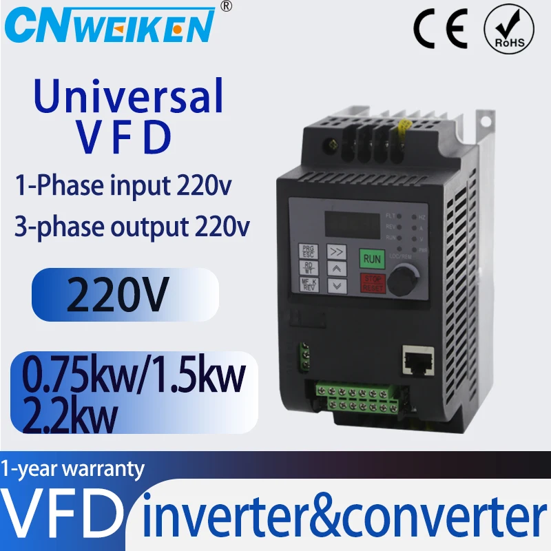 Ekonomický VFD 0,75-7,5KW 220V 1-fáza v 220 V 3-fázovom výstupnom výstupnom ovládači AC Prevodník