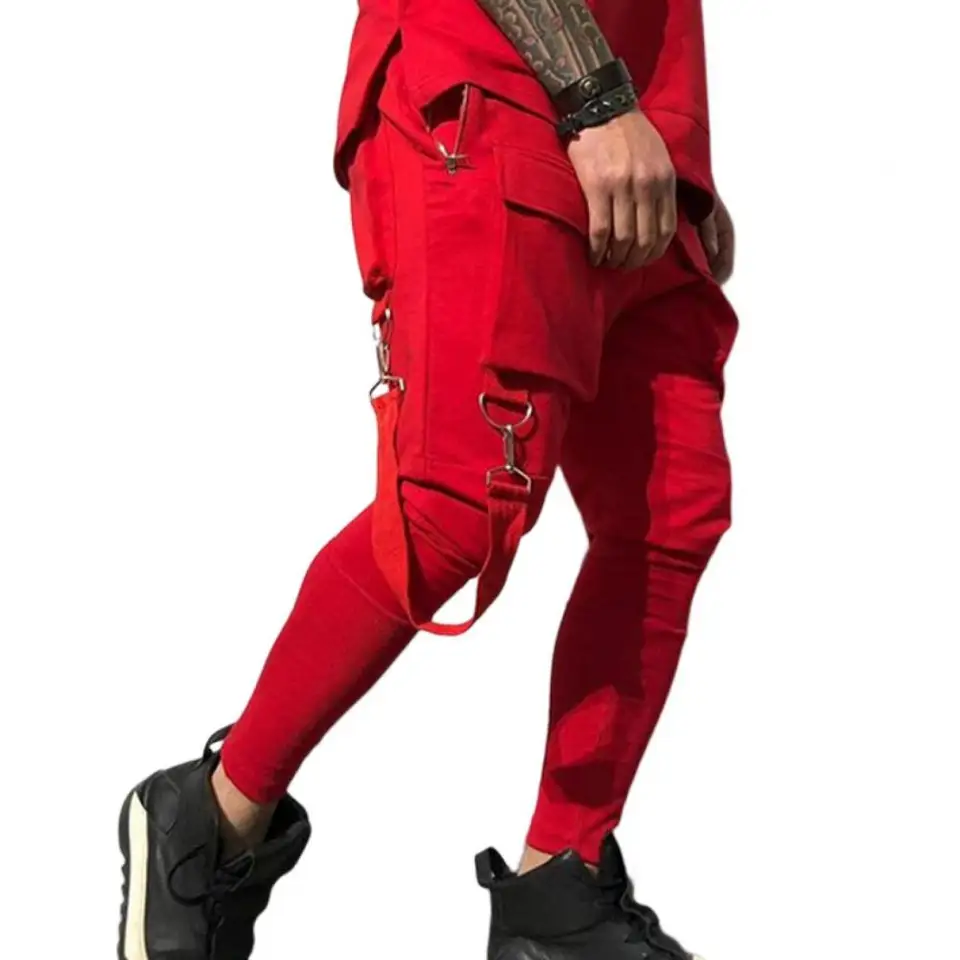 Elastický pásový remienok Tassel Multi vreckety nákladné nohavice Men Men Spevná farba stredná rada Príležitostné hip hopové nohavice Streetwear