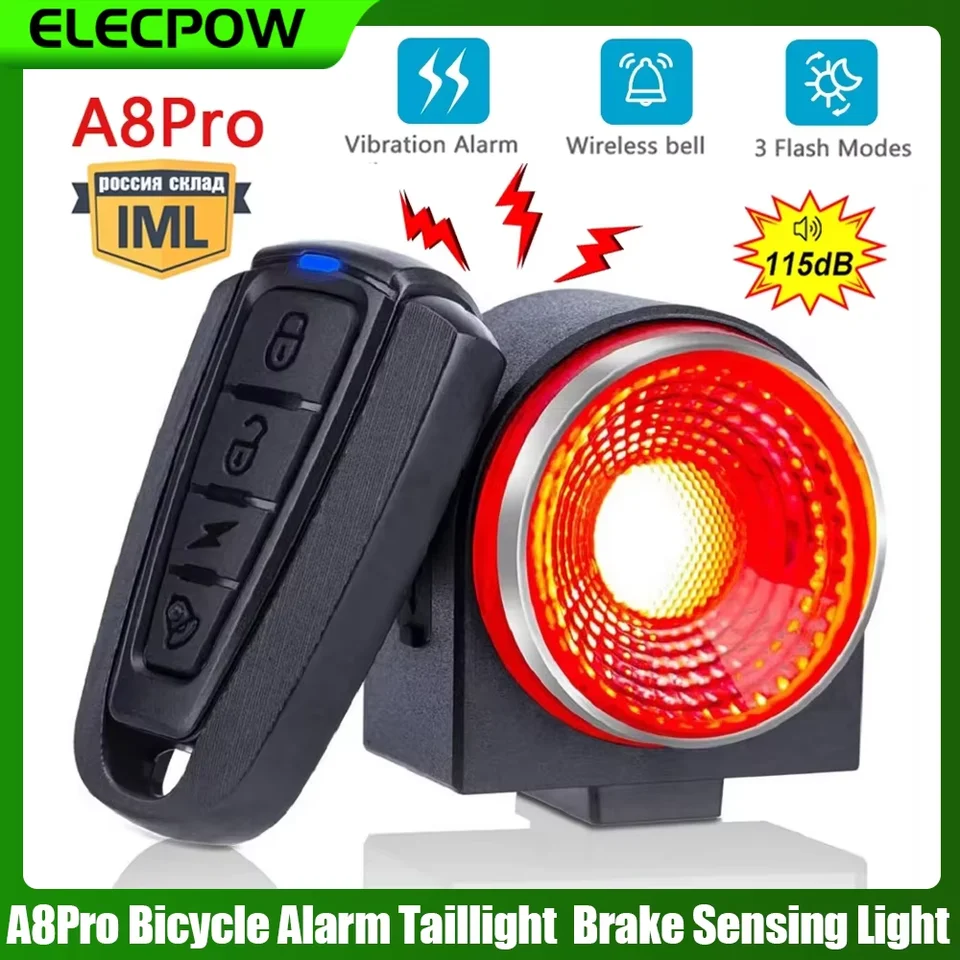 Elecpow A8Pro Bicycle Alarm Zadná žiarovka Snímacie svetlo bezdrôtového diaľkového ovládania USB nabíjanie zlodejov zlodejový bicykel zadný roh