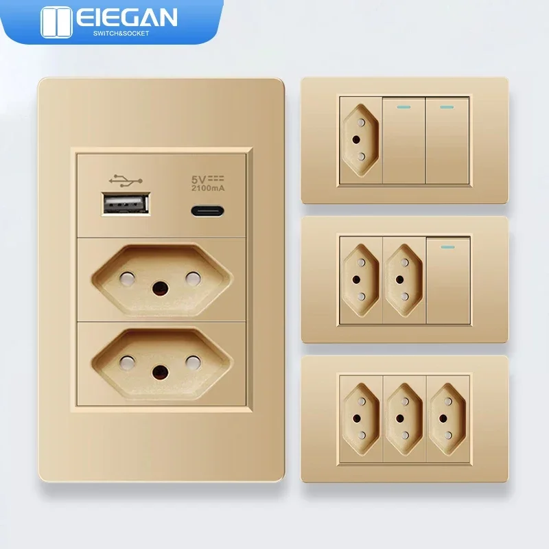 Elegan Gold Brazília Fireproof Pc panel Standard Outlet Double USB Type C Wall Socket Socket Switch Office 118*72 mm 10a 20a