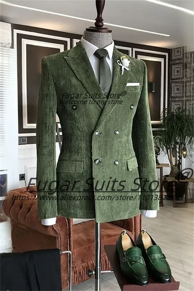 Elegant Corduroy Casual Men obleky Slim Double Breasted Groom Tuxedos Tailor vyrobený 2 kliežky klasické mužské blazery kostým homme