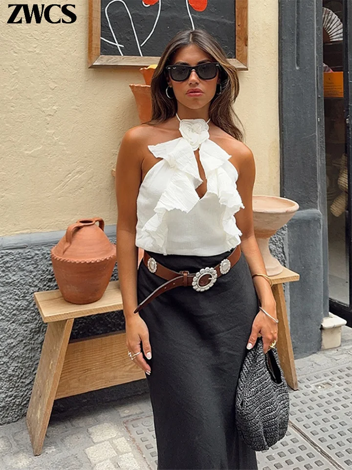 Elegantná 3D kvetina dutina out halter vesta Ženy sexy šnurované rukávky bez rukávov Top 2024 Summer New Lady Solid Tops Streetwear