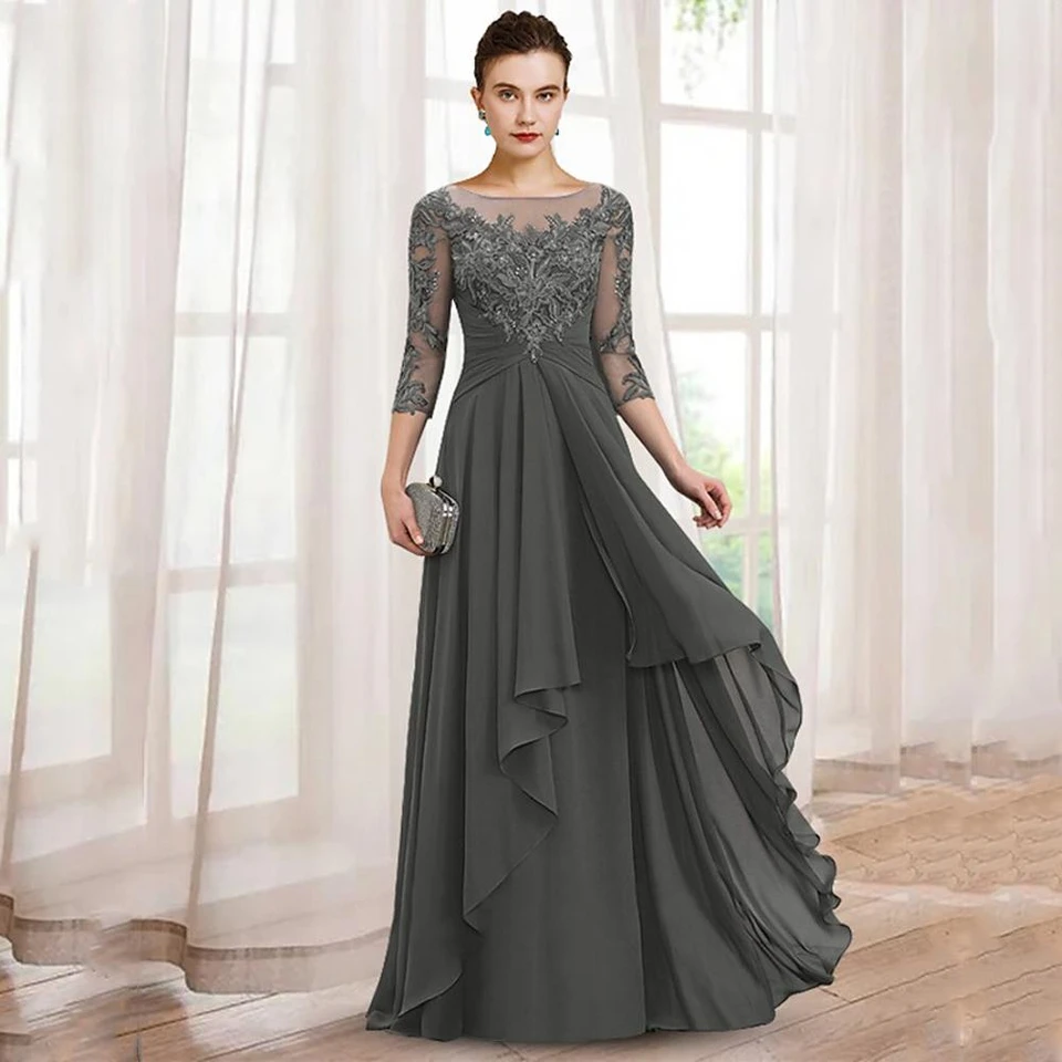 Elegantná A-line matka nevesty šaty šifónové aplikácie dlhé párty šaty Žena pre svadby
