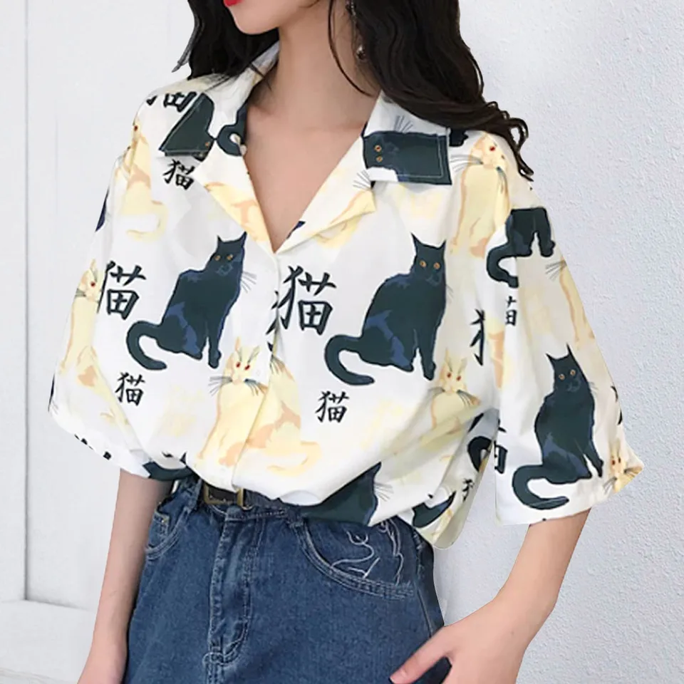Elegantná a mladistvá žena blúzky mačiek vzorový vzor dámsky kvetinový vzor kórejský štýl voľný krátky rukáv Blusas para mjer