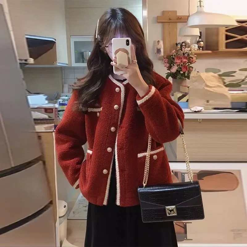 Elegantná bunda jahňacieho v štýle Tweed v štýle pre ženy zosilnené 2023 Nový kórejský štýl socialit orezaný Top Autumn/Winter