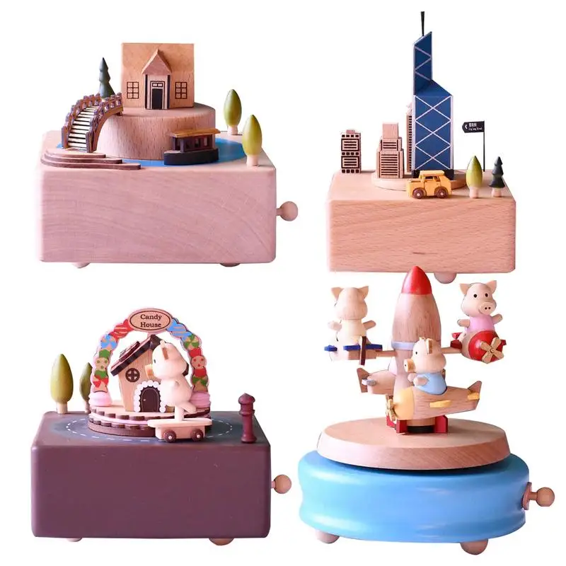Elegantná drevená hudobná skrinka hrad Carousel Musical Box Birthday Vianočné darček pre priateľku priateľ hudba Zvuk Box darček