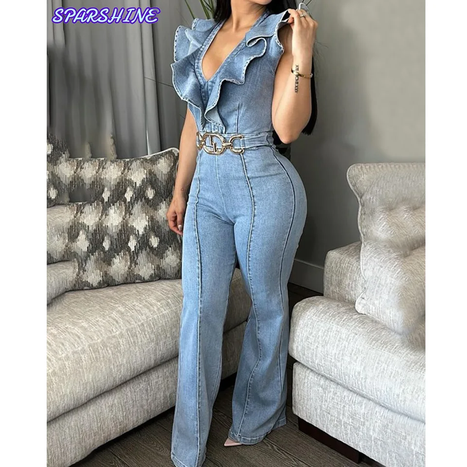 Elegantná dáma Ruff Design Denim Denim kombinézy Ženy bez rukávov šnurovanie Bodycon Playsuit ženský kovboj celkovo štíhle modré dlhé dlhé