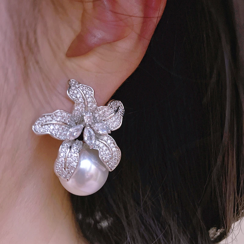 Elegantná imitácia perla veľké náušnice luxusu šumivé zirkónové krištáľové náušnice pre ženy ženské svadobné oslavy šperky
