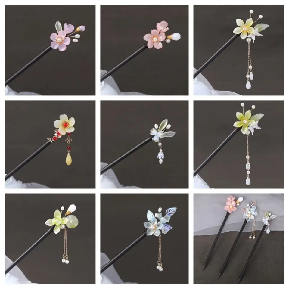 Elegantná kvetina Tassel Flower Hair Stick Chinese Wood Perl Hair Stick Hair Hair Hairpin Hanfu vlasová tyčinka denne