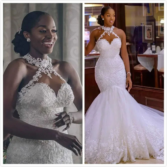 Elegantná morská panna biele svadobné šaty Sexy vysoký krk ohanter bez rukávov Náklady africké dámy Svadobné šaty prispôsobené 2025