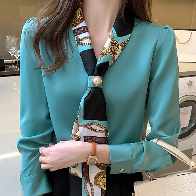 Elegantná módna kancelária Lady Bow Solid Shiffon Tirls Dámske oblečenie jar jesenná s dlhým rukávom V-krč