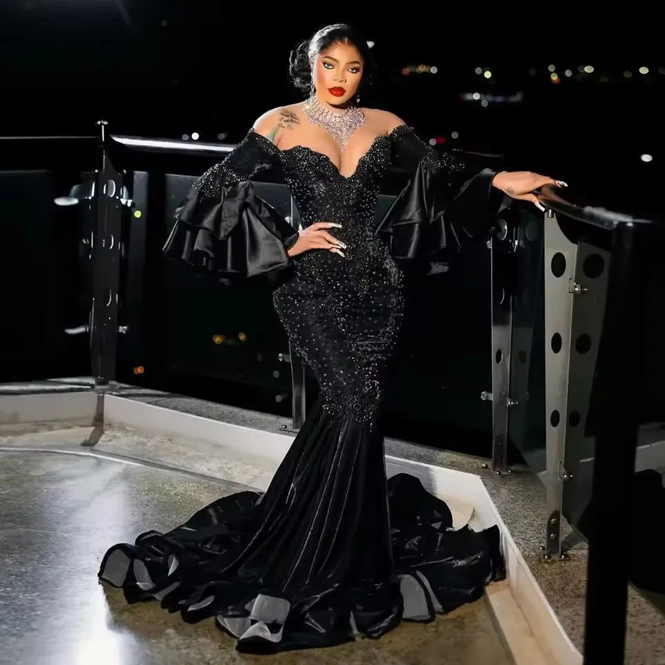 Elegantná plus veľkosť africká čierna morská panna ples šaty s luxusnými rukávmi Luxusné korálkové číry krk narodeninové šaty aso ebi custom