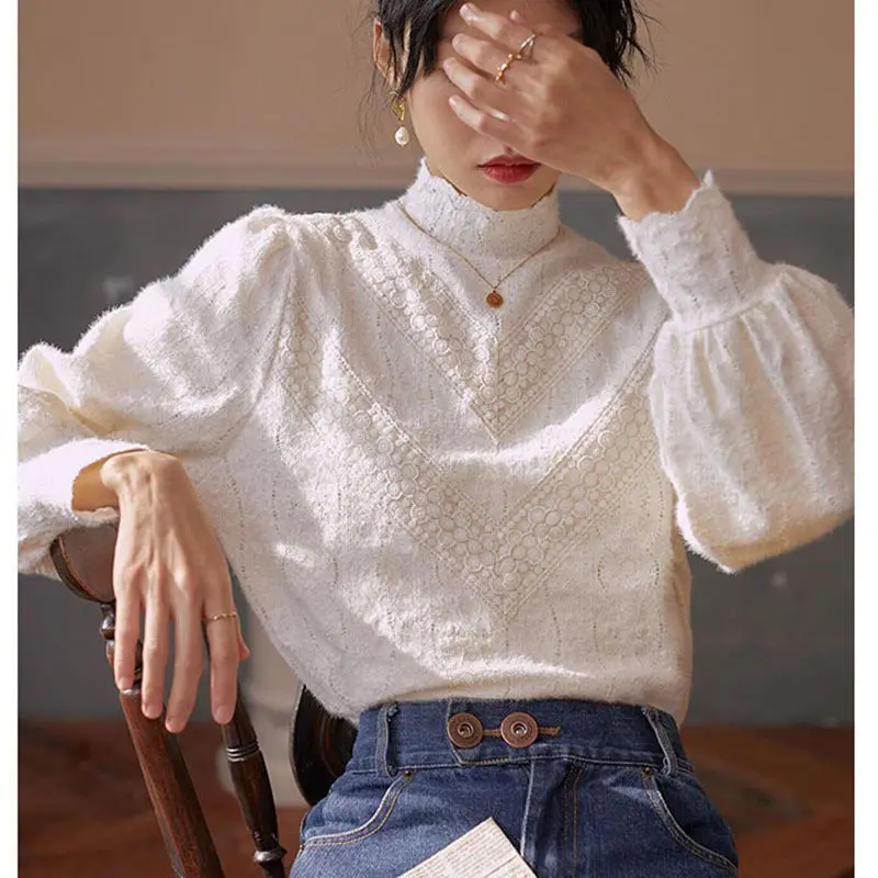Elegantná polovica korytnačky Lace Blúzka pletená pullover Puff Ruckves Fashion Dámske jesenné košele kórejské