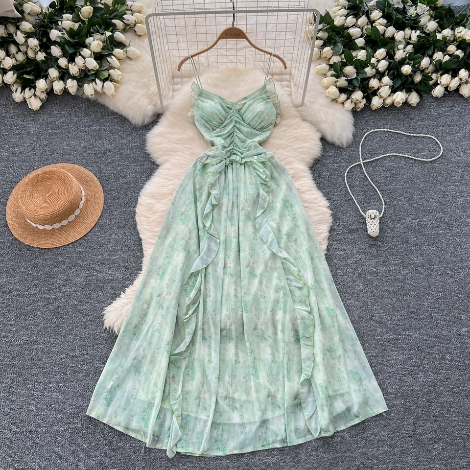 Elegantná tlač elegantná skladaná výstupok Kórejské Sexy remienky Vintage High Street Hotsweet Slim Fairycore Summer Dámske oblečenie