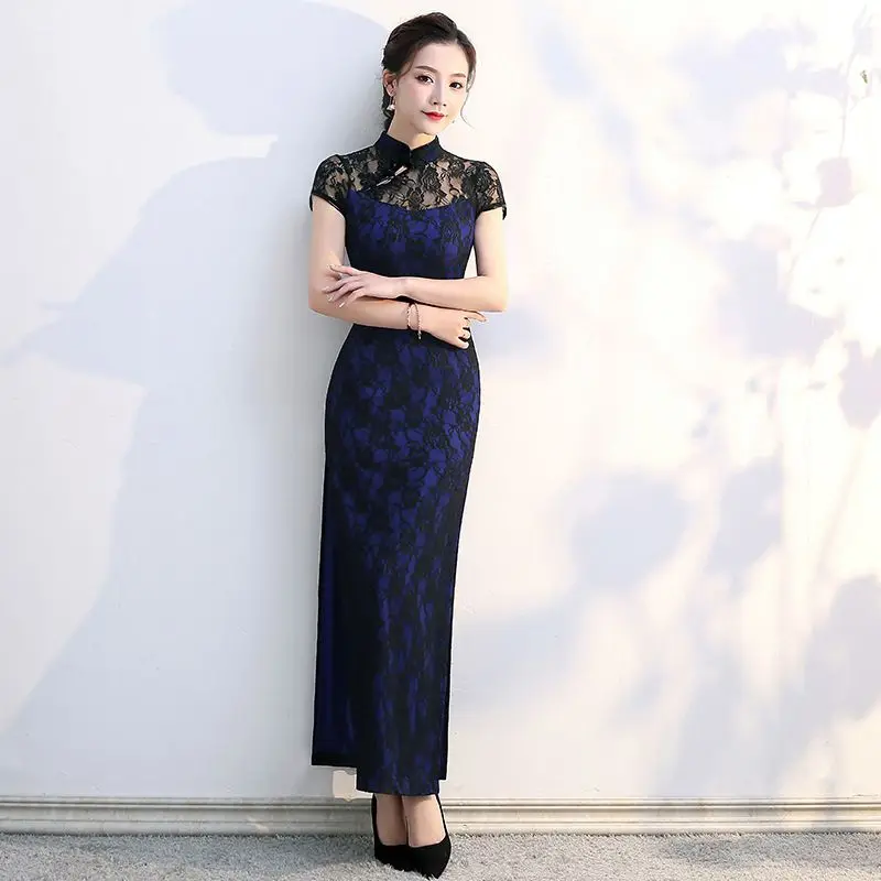 Elegantná čipka High Split Cheongsam Chinese Classic Classic Qipao Krátke rukávy Sexy svadobné večerné večierky Šaty 5xl