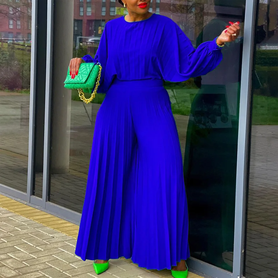 Elegantné 2 -kusové nohavice Sady pre ženy blúzka o krk plné rukávy a nohavice široké nohavice s vysokým pásom módne dámske outfit outfing set