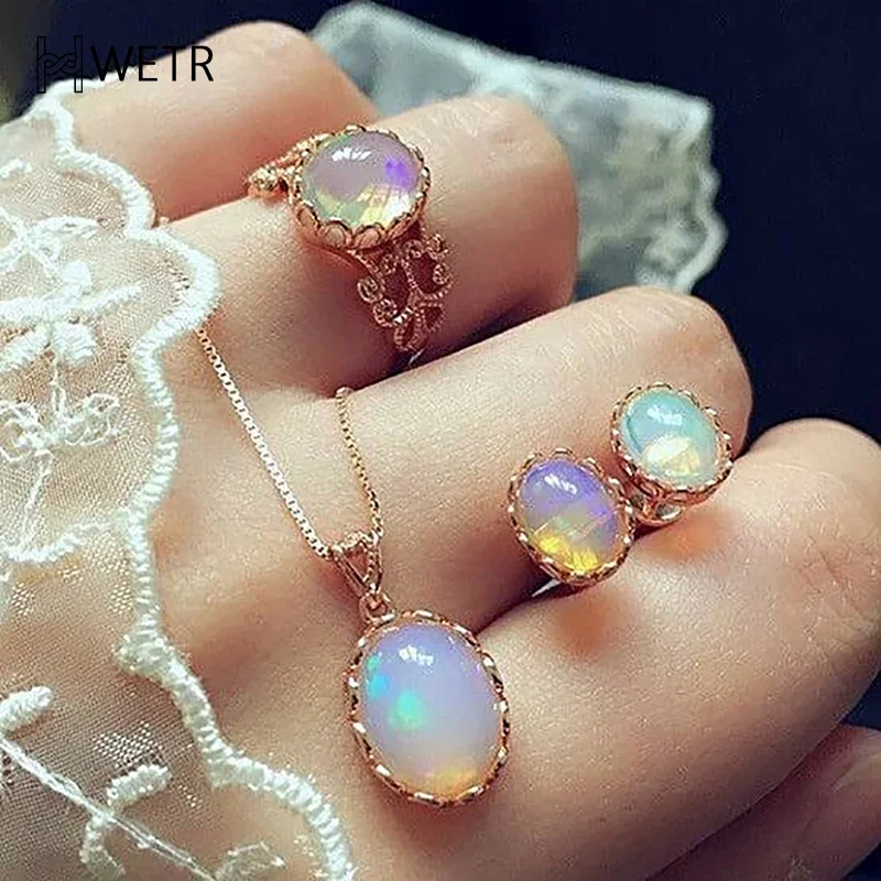 Elegantné Aurora oválne zirkón náhrdelník náušnice prsteň šperky pre ženy Romantické zlaté zlaté faux opal svadobné darčekové doplnky