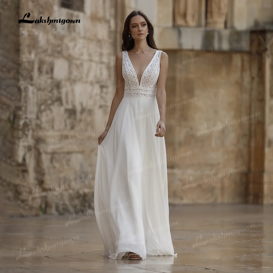 Elegantné backless Beach Svadobné šaty V Vestido de Novia boho šifónová nevesta Sweep Sweep Sweep Sweep